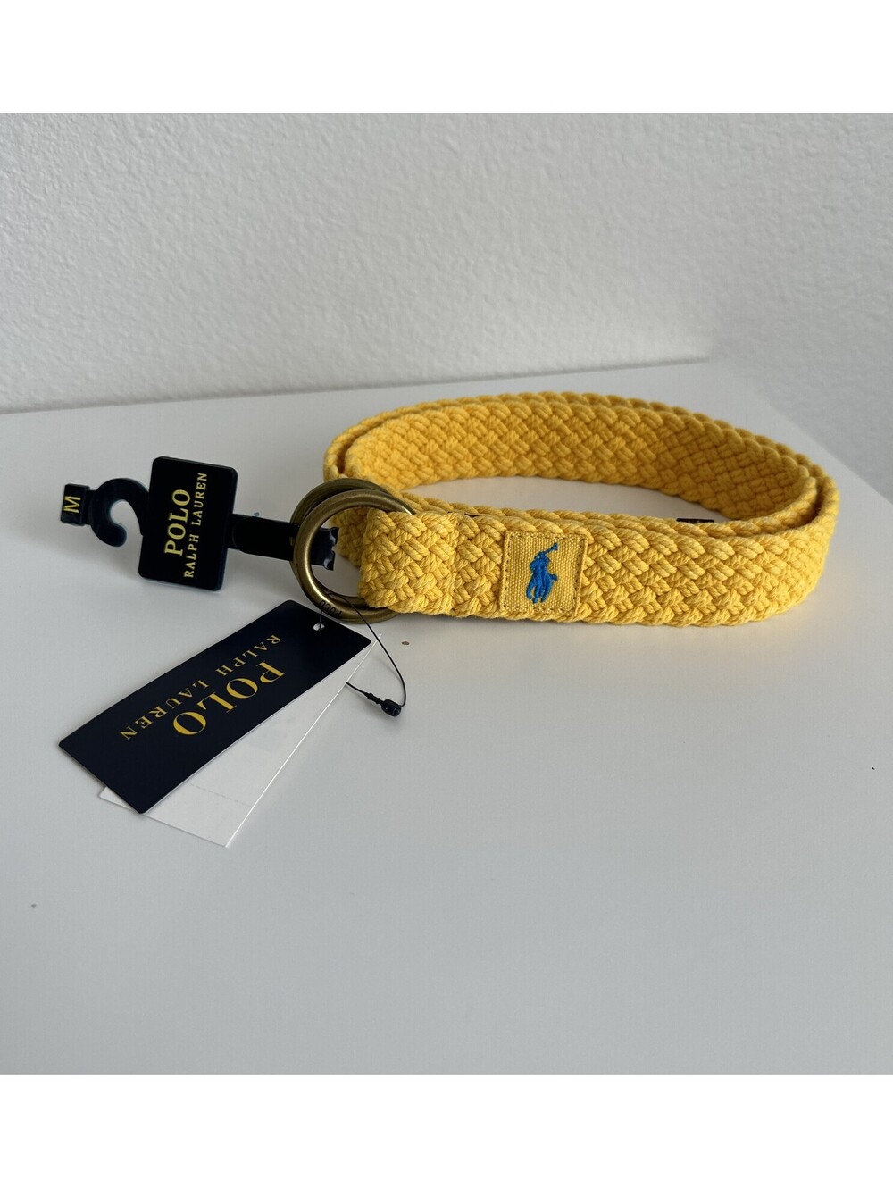POLO RALPH LAUREN WOVEN BELT CARRYOVER YELLOW 1 1/4" WIDE BLUE PONY SIZE MEDIUM